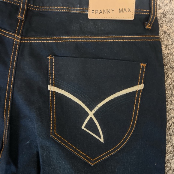 Y2K Franky Max Jeans Mens 38x32 Dark Wash Blue Denim Waxed Cotton Stretch Zip - Picture 4 of 8